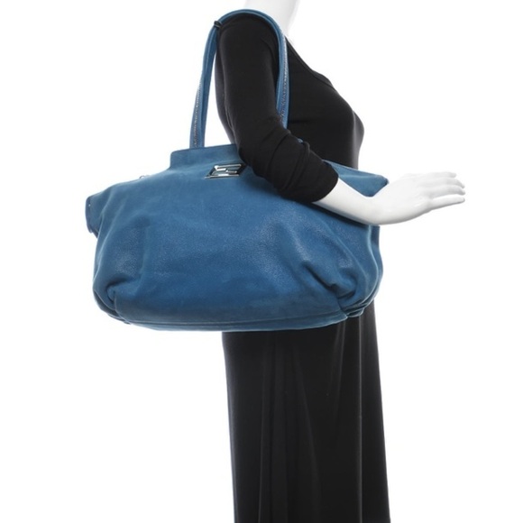 Fendi jumbo Blue suede shoulder bag authentic Metallic Nubuck Chains Tote - Picture 1 of 10